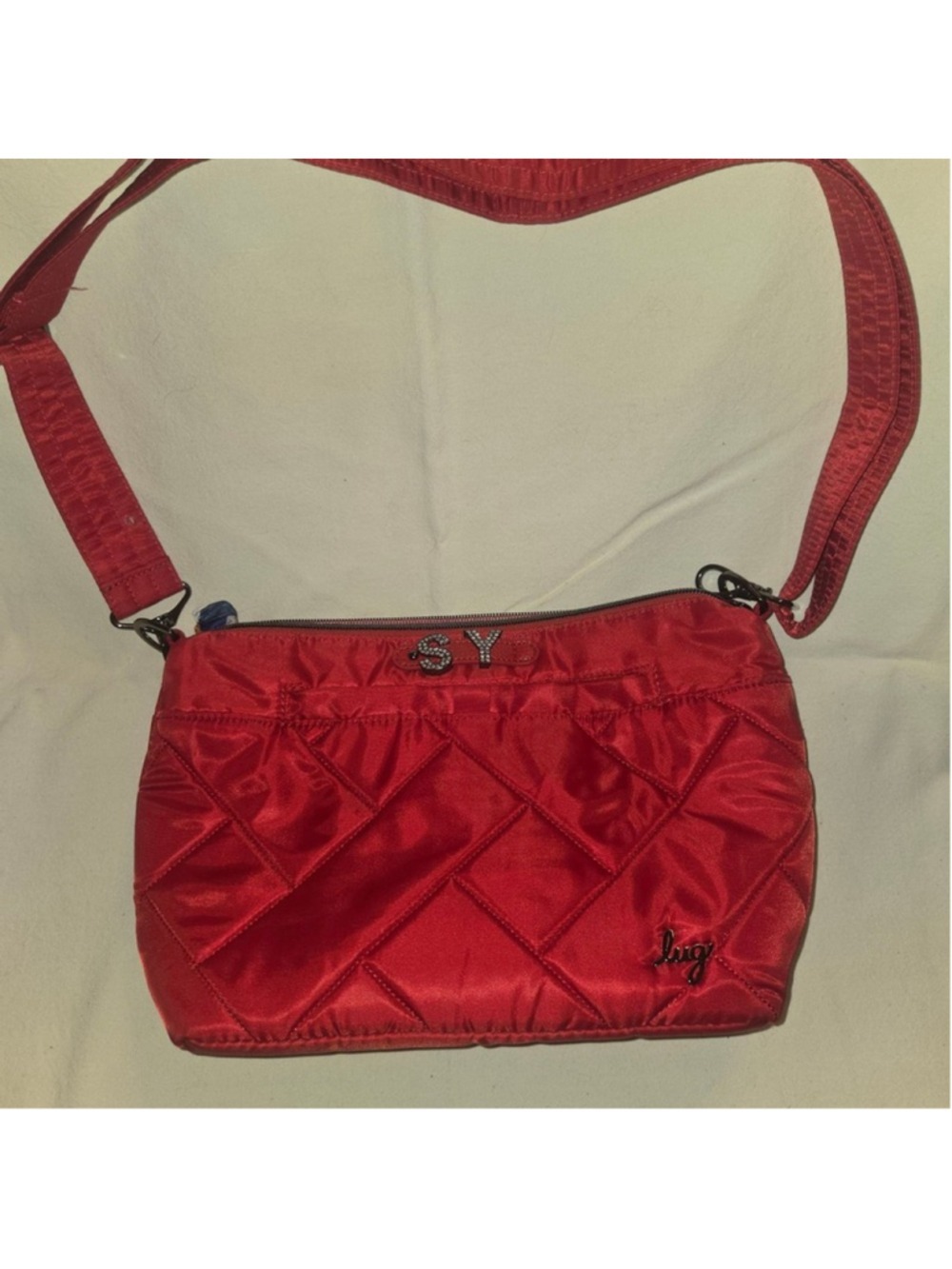 Lug Flare 2 RFID Quilted Crossbody Bag in Poppy Red Removable SY Initials
